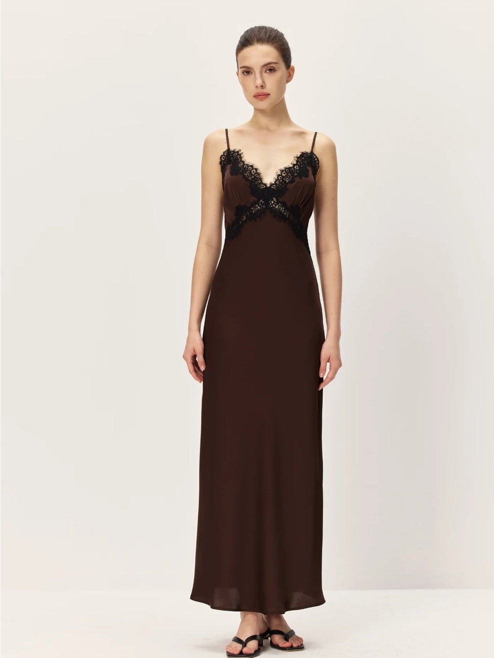 Elodie Brown Satin Slip Dress with Black Lace Trim